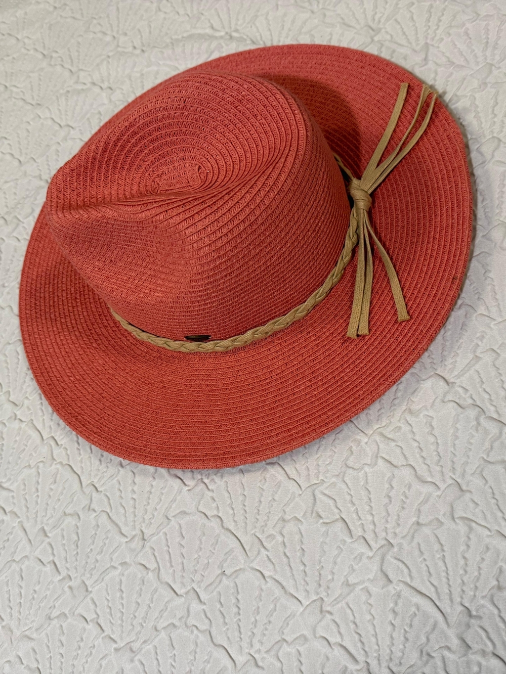 C.C Coral Straw Fedora with Braided Tan Band